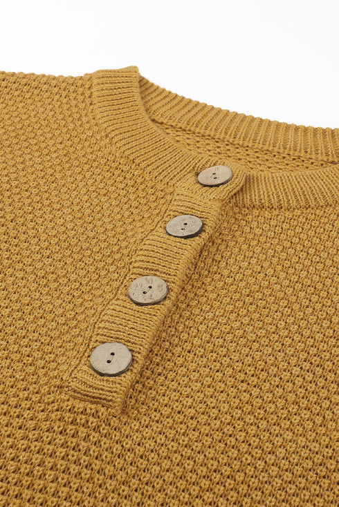 Henley Button Placket Side Slit Drop Shoulder Pullover Knit Sweater